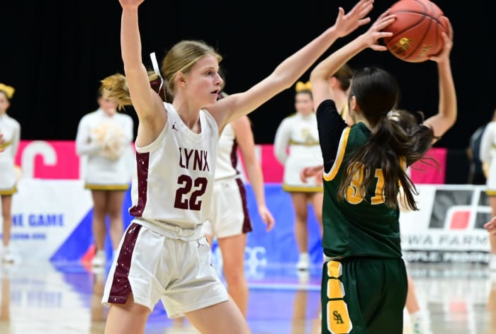 North Linn's Mackenzie Bridgewater plays defense against Council Bluffs St. Albert during a Class 2A state tournament semifinal Friday at Wells Fargo Arena in Des Moines. (Photo by Ryan Timmerman)